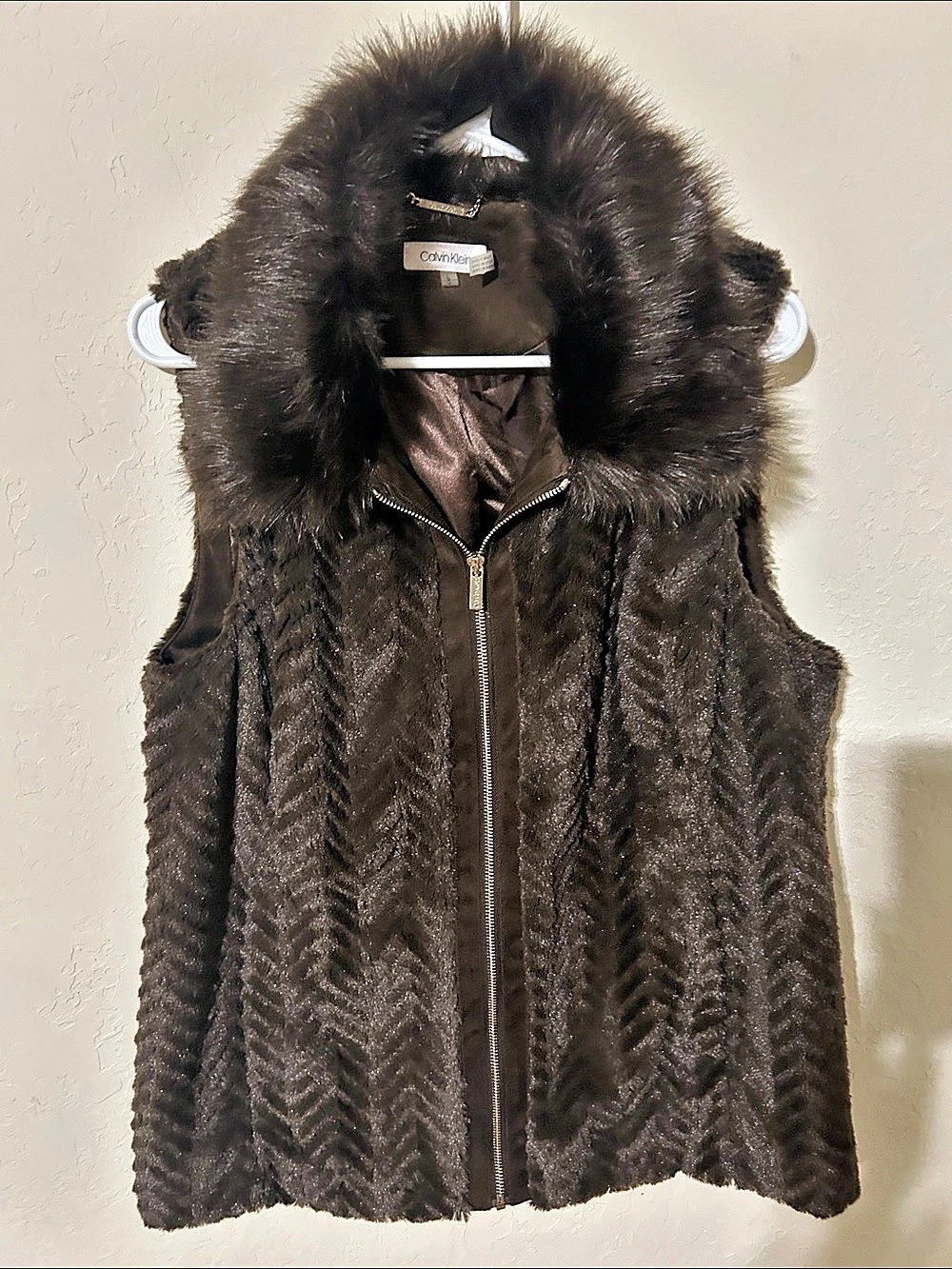 Calvin Klein Faux Fur Hooded Vest Brown Size Large Like New